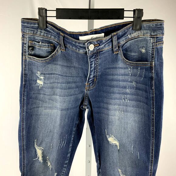 NWOT! KanCan Mid-Rise Split Leg Destroyed Skinnies Size 30" Med Blue - Picture 3 of 12